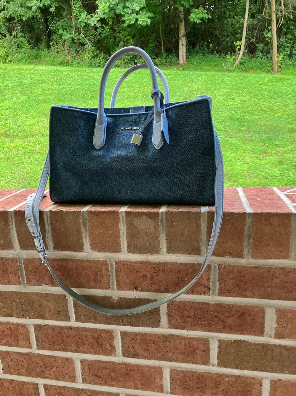 Michael Kors Denim Blue and Beige Canvas Tote Satchel